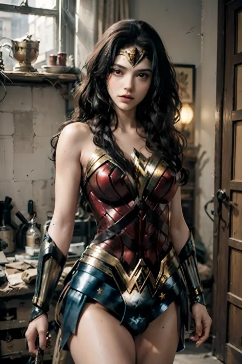 usando color maravilla_mujer_cosplay_traje hecho_de_fractales, robo, ladornes se preparan para disparar a wonder woman