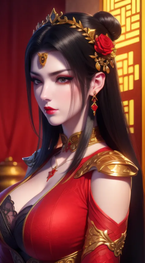 1 Very beautiful queen Medusa dressed in Hanfu, Thin red silk shirt，With many yellow patterns, Black lace top, Long hair dyed black, beautiful hair ornaments, Nice face beautiful and cute, Perfect face, Earring jewelry, Head and hair ornaments, Antique jew...