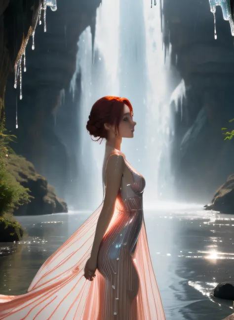Beautiful woman wearing (Transparent dripping rippling water dress) Midgar,8K, masutepiece, Highly detailed, Solo,
(Jib Shot, Fr...