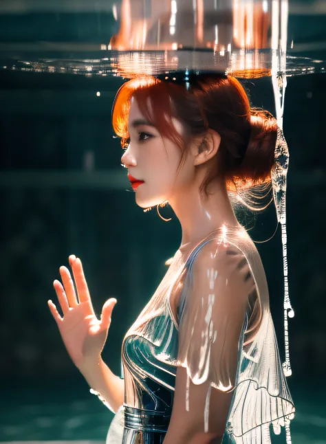 Beautiful woman wearing (Transparent dripping rippling water dress) Midgar,8K, masutepiece, Highly detailed, Solo,
(Jib Shot, Fr...