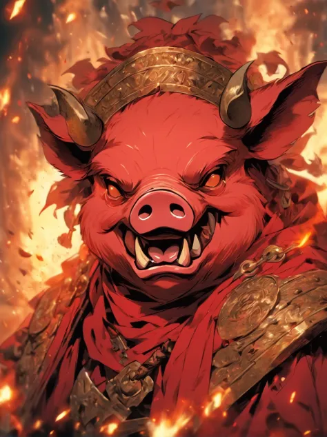 Pig demon，Human pig's head，Burly，dressed in armor，A robe is worn over the armor，With a long axe in his hand，The expression is fierce，unholy，