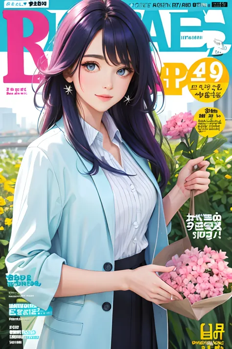 masterpiece, best quality, spring outfit, colorful hair, outdoor, magazine cover ,upper body,