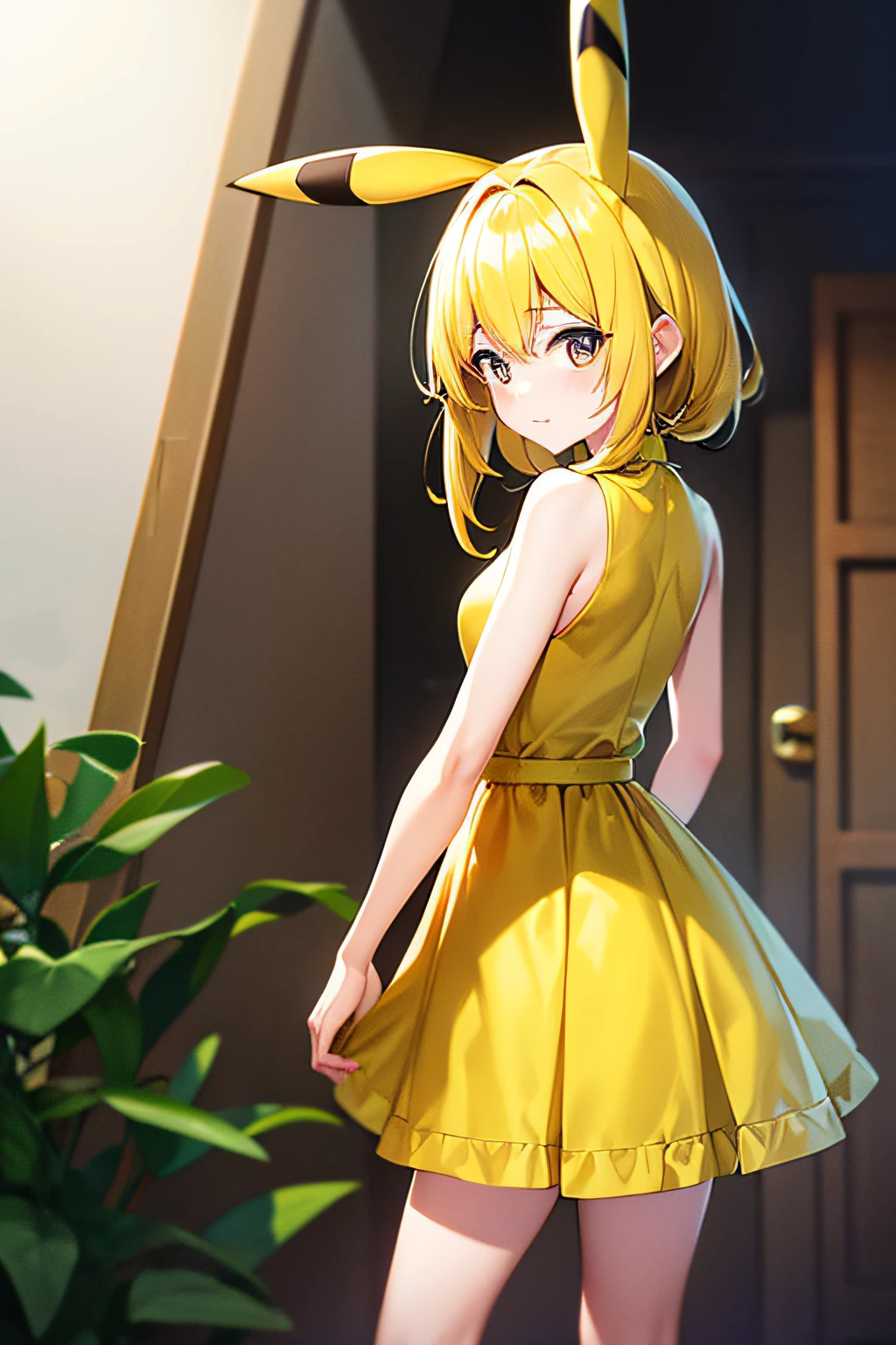 Anime girl in yellow dress with pikachu ears standing in front of a door -  SeaArt AI