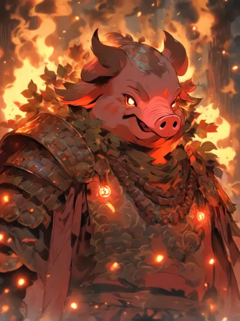 Pig demon，Human pig's head，Burly，Wearing Chinese armor，Leakage of chest hair，Bring a helmet，A robe is worn over the armor，With a long axe in his hand，The expression is fierce，unholy，the night，the woods，full bodyesbian，Combat posture