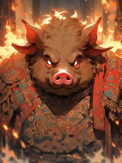 Pig demon，Human pig's head，Burly，Wearing Chinese armor，Leakage of chest hair，Bring a helmet，A robe is worn over the armor，With a long axe in his hand，The expression is fierce，unholy，the night，the woods，full bodyesbian，Combat posture