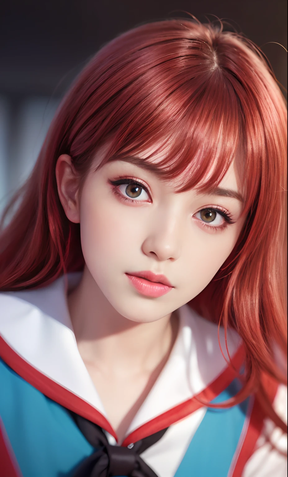 (8k, RAW photo, photorealistic: 1.25), (lip gloss, eyelashes, bright face, glowing skin, red hair, best quality, ultra high resolution, depth of field, chromatic aberration, caustic, wide lighting, natural shading, Kpop idol) looking at the viewer with a serene and divine bliss, college room, sailor's uniform, miniskirt