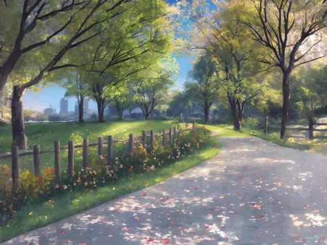 Watercolor painting of landscapes、There is a woman walking along the path in the park, with a park in the background, In a city ...