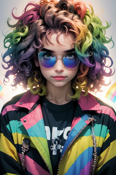 girl with rainbow curly hair, sunglasses, rainbow style jacket, cool bedroom background