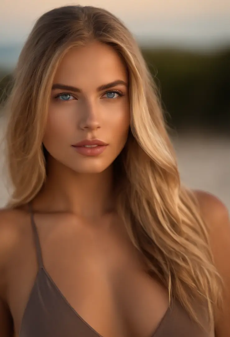beautiful 21 year old girl, long blond hair, blue eyes, full attractive lips, sexy face, attractive face, strikingly beautiful face, symmetrical face, photorealistic, sexy body, very big breasts, full body, athletic body, posing naked in the sand, her clot...