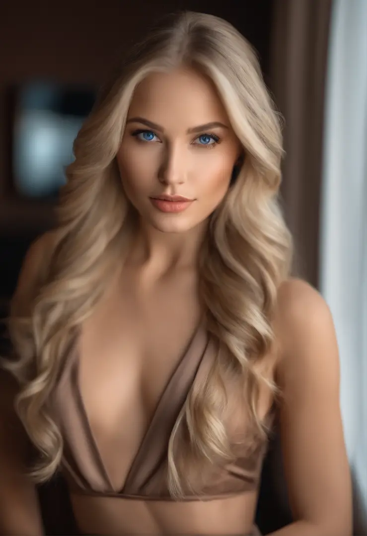 beautiful 21-year-old girl, long blonde hair, blue eyes, full attractive lips, sexy face, attractive face, strikingly beautiful face, symmetrical face, photorealistic, sexy body, full body, elegant body-hugging tight dress, hotel room, very high quality, h...