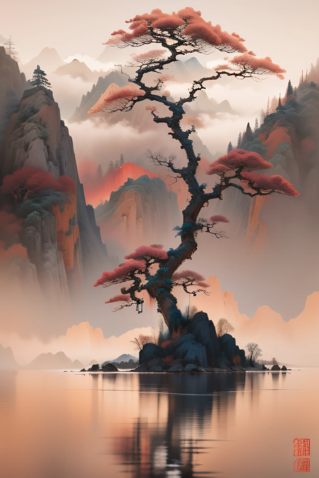 ((Masterpiece)),((Best quality)),((High- sharpness)),((Realistic,)) Chinese landscape ,closeup view,Mist ,Heavy fog,Lakes and waves,tree,snow mountains,Reflection,Minimalism,zen aesthetic,Zen composition,Chinese landscape painting,4K((Masterpiece)),((Best quality)),((High- sharpness)), ((Utra Sharp:1.4)), Clear background ,John Bowson，Backlight,Tyndall effect,A bird, Sparkling lake , Pink octane rendering science fiction, New Moon, Red sky, Gradient background