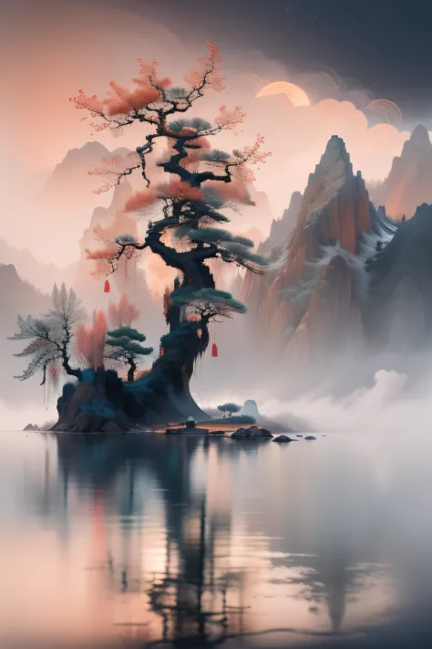 ((masterpiece)),((best quality)),((high- sharpness)),((realistic,)) chinese landscape ,closeup view,mist ,heavy fog,lakes and wa...