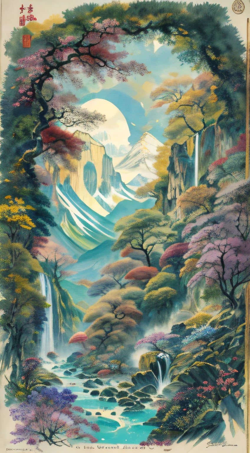 It is indeed a beautiful mountain, Chiho brandished his halberd,The screen is 10,000 feet high.in a sunbeam，The haze on the mountain was faintly caressed blue,after rainny，The black rocks look cool green.Withered creepers coil around ancient trees,And the old Ford marks the boundaries of the mystery.Exotic flowers and precious plants,Prosperous all year round, It's like a wonderland.Nearby hidden bird calls,Clear running of the springs.The valley of Musum and orchids,Lichens overgrow cliffs.The range rises and falls in the majesty of a dragon.Best quality, Ultra-detailed, Best shadow,8K,offcial art