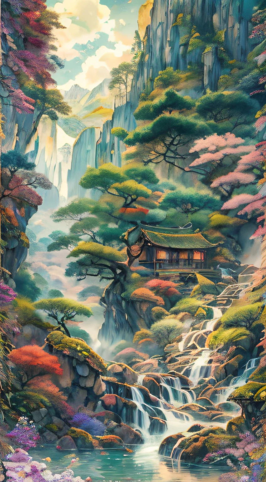 It is indeed a beautiful mountain, Chiho brandished his halberd,The screen is 10,000 feet high.in a sunbeam，The haze on the mountain was faintly caressed blue,after rainny，The black rocks look cool green.Withered creepers coil around ancient trees,And the old Ford marks the boundaries of the mystery.Exotic flowers and precious plants,Prosperous all year round, It's like a wonderland.Nearby hidden bird calls,Clear running of the springs.The valley of Musum and orchids,Lichens overgrow cliffs.The range rises and falls in the majesty of a dragon.Best quality, Ultra-detailed, Best shadow,8K,offcial art