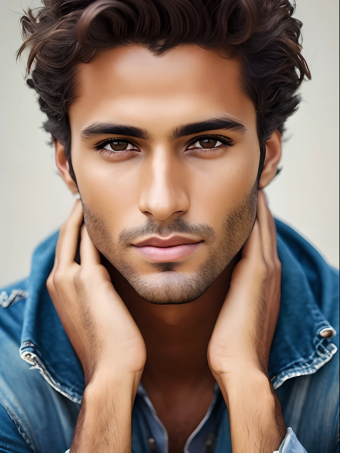 Photorealistic portrait of a stunningly beautiful young tanned Brazilian supermodel guy, Extremely detailed light honey eyes, detailed symmetrical realistic face, extremely detailed natural texture, peach fuzz, Windy disheveled hair, Masterpiece, absurdress, Award-winning photography by Lee Jeffries, Stock photography on film Nikon D850, kodak portra 400 camera f1.6 lens, Extremely detailed, Amazing, finely detail, saturated colors, hyper-realistic realistic texture, dramatic  lighting, UnrealEngine, Trending on ArtStation, cinestill 800 tungsten, looking at the viewer, photorealestic, RAW photo, TanvirTamim, hiquality, hight resolution, sharp-focus, Extremely detailed, Cinematic lighting, 8K UHD,-imagine-