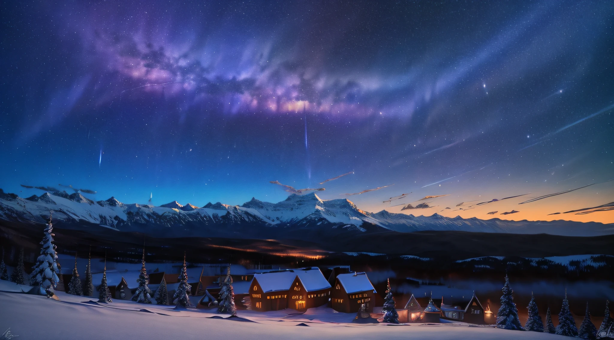 マスター作曲，夜の雪山で，空には輝くオーロラが，素敵な曲線の光，美しい景色，明るい写真（赤色，紫がかった色，青色），（傑作，トップ クォリティ，最高品質）,高いディテール，8K