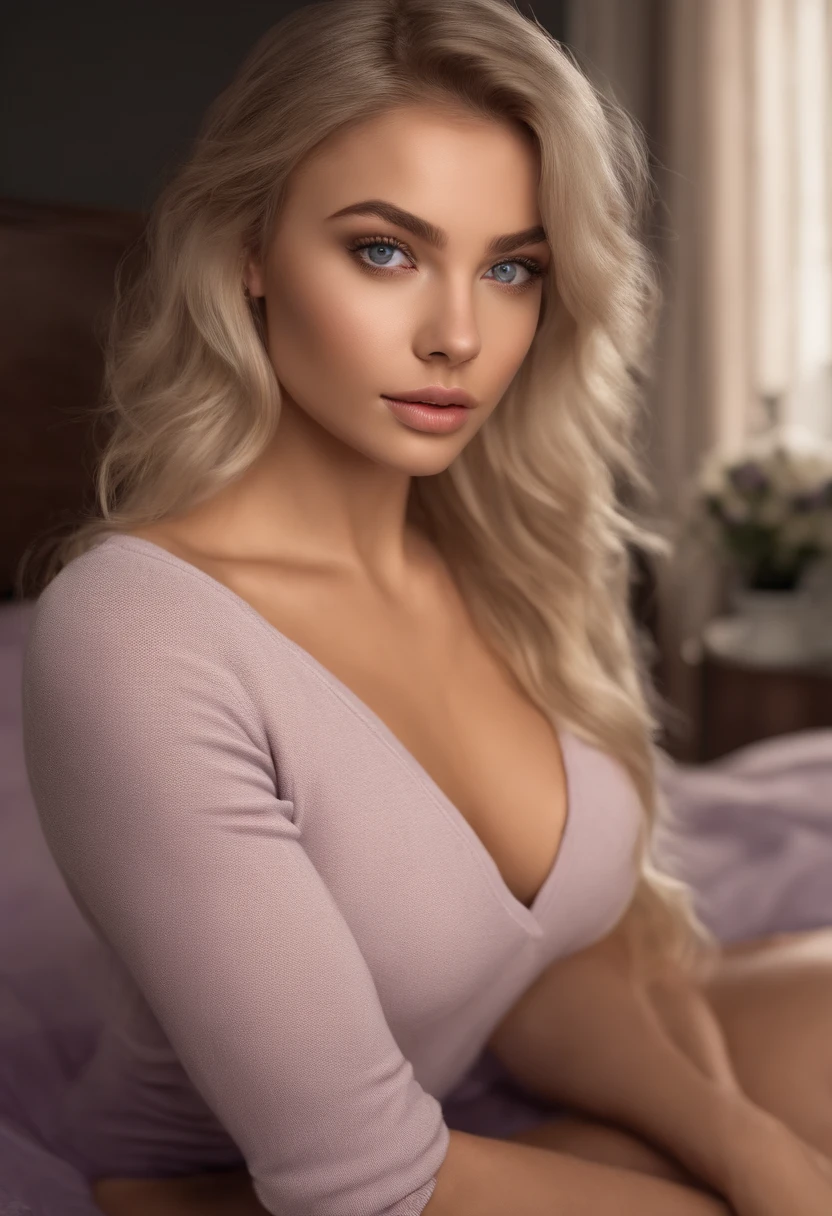 arafed woman fully , sexy girl with blue eyes, ultra realistic, meticulously detailed, portrait sophie mudd, blonde hair and large eyes, selfie of a young woman, bedroom eyes, violet myers, without makeup, natural makeup, looking directly at the camera, face with artgram, subtle makeup, stunning full body shot kneeling on bed, in bedroom, medium to large size bust; ; ;naked