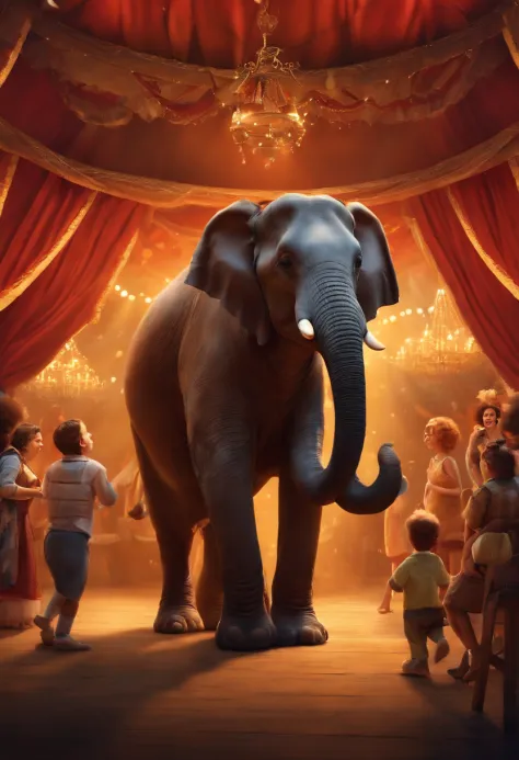 A children's story inspired by Disney Pixar (ELEFANTE DE CIRCO COM TAPETE NAS COSTAS, SUPER ALEGRE, RODEADO DE ANIMAIS) dentro A cena estar na arte distinta do estilo PIXAR, descolada e estilosa, The set is a circus with an audience in the background