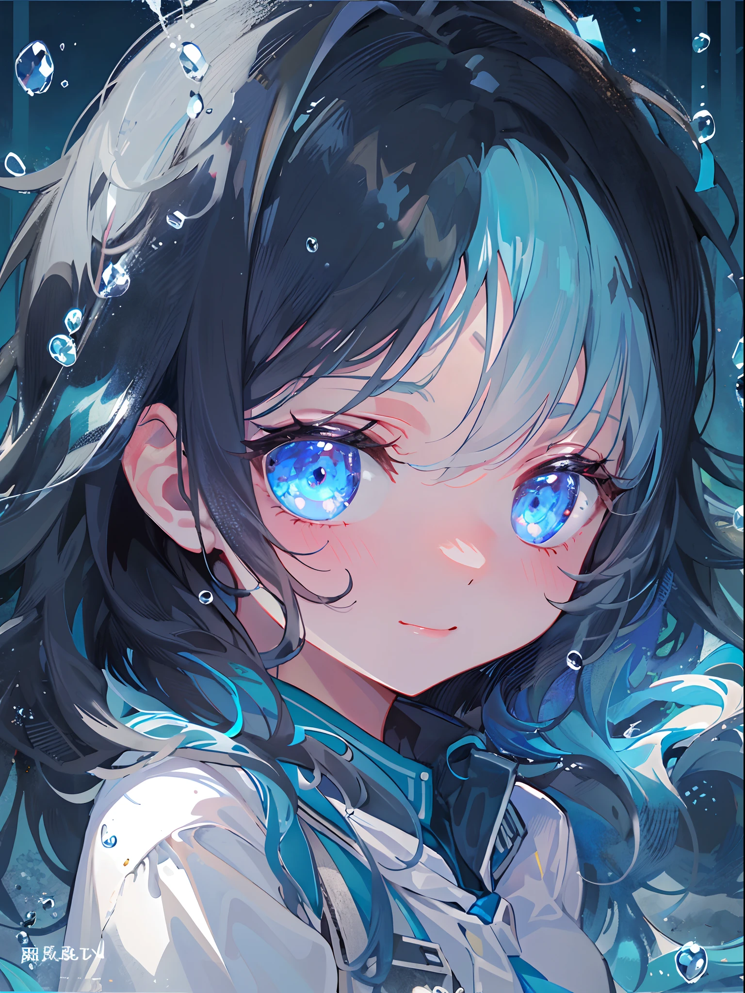 ((top-quality)), ((​masterpiece)), ((Ultra-detail)), (Extremely delicate and beautiful), girl with, solo, cold attitude,((Black jacket)),She is very(relax)with  the(Settled down)Looks,A darK-haired, depth of fields,Evil smile,Bubble, under the water, Air bubble,bright light blue eyes,inner color with bright gray hair and light blue tips,,,,,,,,,Cold background,Bob Hair - Linear Art, shortpants、knee high socks、White uniform like 、Light blue ribbon ties、Clothes are sheer、Hands in pockets、Bright eyes like sapphire,Fronllesse Blue, A small blue light was floating、Upper Eyes、Foodie, Halloween