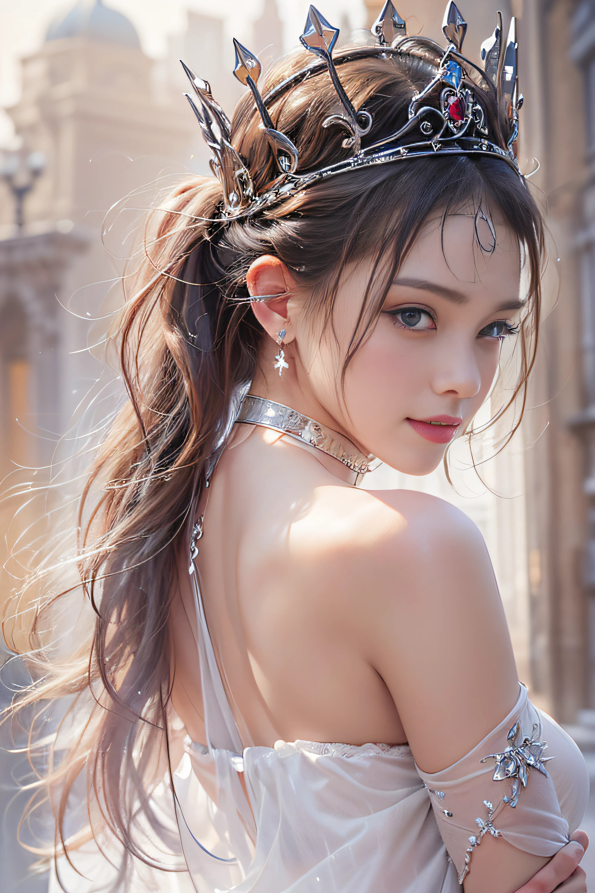 ((tmasterpiece:1.4)、(top-quality:1.4)、(reallistic:1.7))、By Luis Royo（By Luis Royo）Surreal portrait of a beautiful girl、Super beautiful girl、((1girl in:1.4))、Shiny natural skin texture、(The Queen's Gorgeous Costume)、((Sheer off-the-shoulder white one-piece mini skirt type:1.4))、((up skirt)),Authors：By Luis Royo（By Luis Royo）、age19、(Two arms:1.4、Two legs:1.4)、(perfect anatomia:1.4)、(Perfect female body:1.4)、Portrait photo of a girl、Close-up photos、Upper body photography、Fantasyart、Soft front light、Beautiful expression、kawaii faces、Beautiful udder、large full breasts:1.2、Beautiful ass、A detailed eye、Clearly eye-catching, beautiful and alluring、beautidful eyes、Narrow waist、Raw photo、red rip、Arrange your long hair as cool as a queen、(tiara crown:1.4、choker necklace:1.4、a necklace:1.4、耳Nipple Ring:1.4)、1 screen display、((In front of the city walls、Woman standing in front of bench)),((Translucent off-shoulder white dress))、((A smile)),((posterior view))、((Looks Back))、((White T-back panties visible)),((erection)),