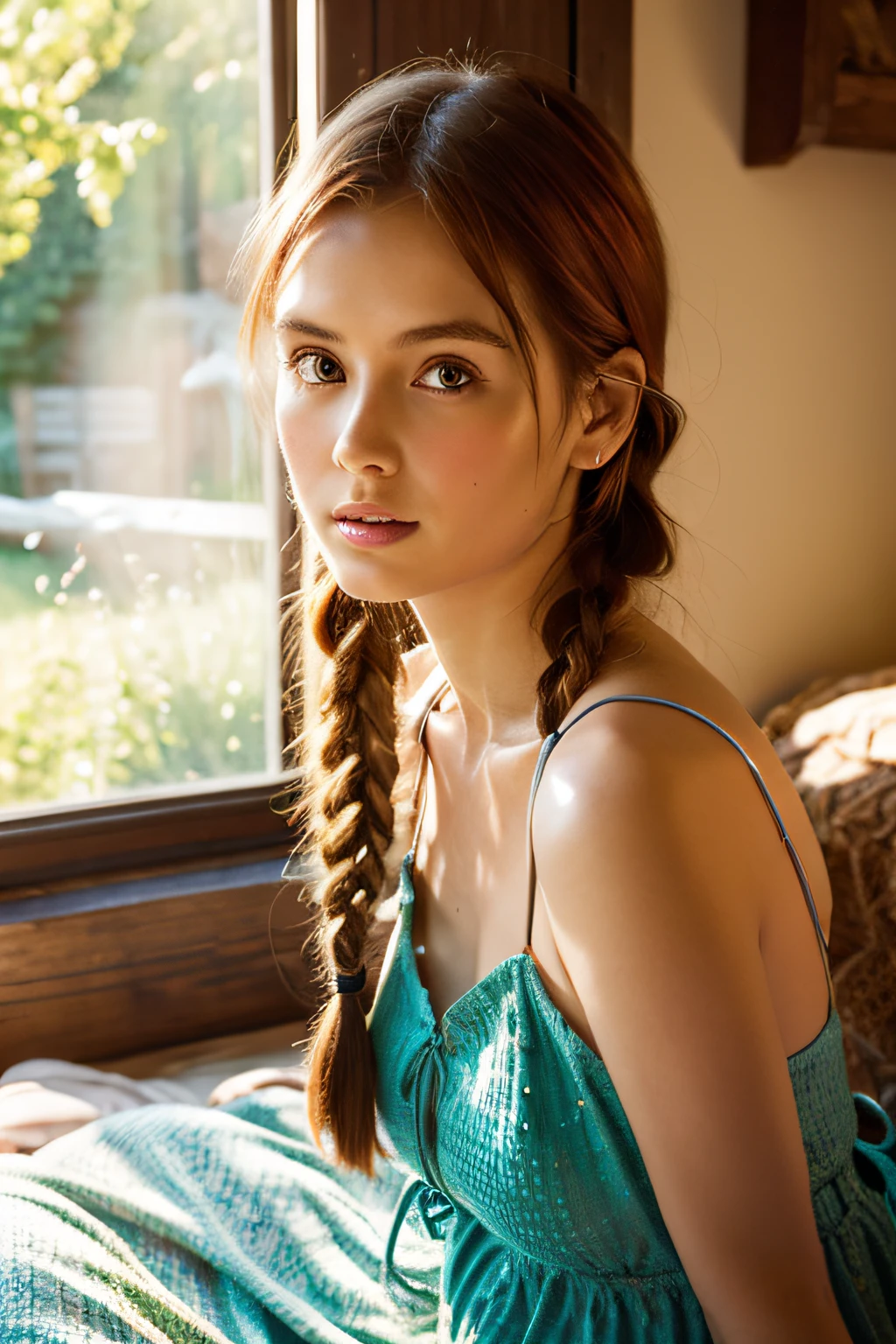 Young Nordic Woman, Cute face, Seductive, Best Quality, masutepiece, Translucent summer dress, the golden hour, Detailed textures, Long braided hair, sitting on a bed, Posing, Casual pose, Wood Cottage, interiors, [blush], Aesthetic, Convoluted, Caustics, llight rays, Sunlight, (((Soft lips))), (((Glossy lips))), Highly detailed, (Semi-realistic:1.2), Niradev, Red hair