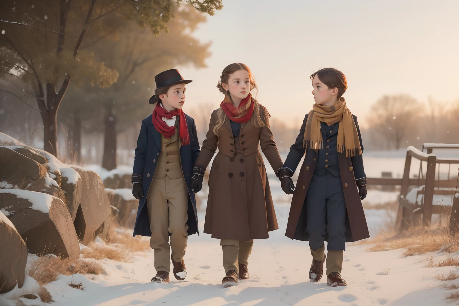 Jahr: 1852. Standort: Rock Island, Illinois. Pre-Raphaelite scene with 13-Jahr-old blonde boy and girl, and a 9-Jahr-old boy, plaudern auf dem Weg zur Schule, Winterschnee, ((((Freizeitkleidung aus den 1850er Jahren, Schal und Handschuhe)))) ((Frisur der 1850er Jahre)), ((("OMITB" Kinematographie)))