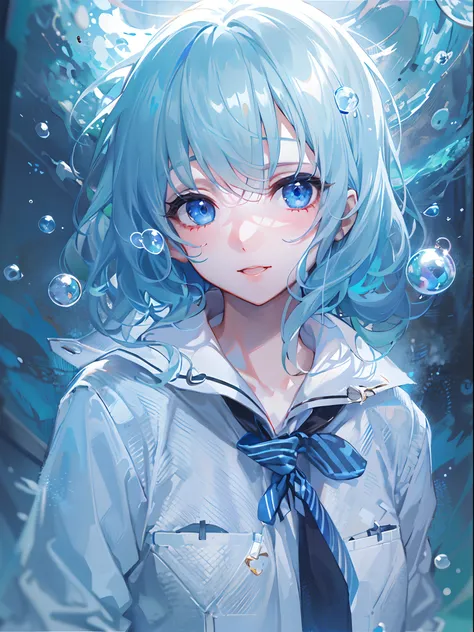 A close up of a anime girl with blue hair and a white top - SeaArt AI