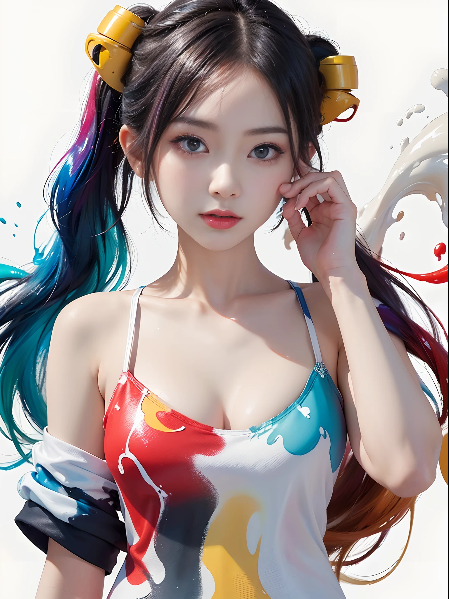 (Masterpiece, Best Quality, High Resolution), White Background, ((Paint Splash, Color Splash, Splash of Ink, Color Splash)),, Sweet Chinese Girl, Rainbow Hair, Peach Lips, Front, Upper Body
