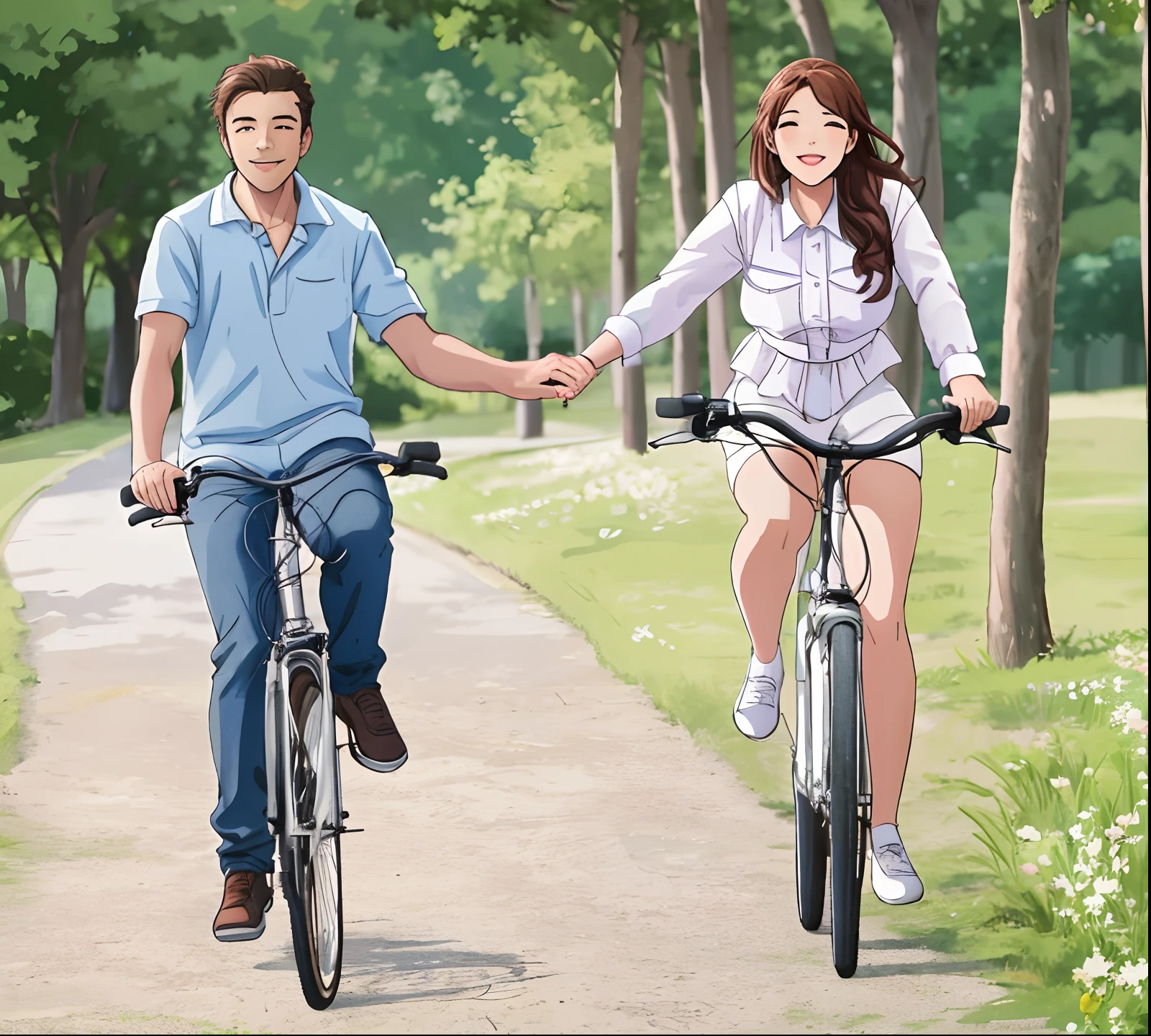 a man and woman riding bicycles in a park holding hands - stock image, stock photo, recreation, in a scenic background, riding a bike, happy couple, stock footage, lovely couple, alamy stock photo, trending artwork, rides a bike, outdoor, romantic couple, stock photography, cycling!!, tourist destination, taking control while smiling, looks smart, outdoors