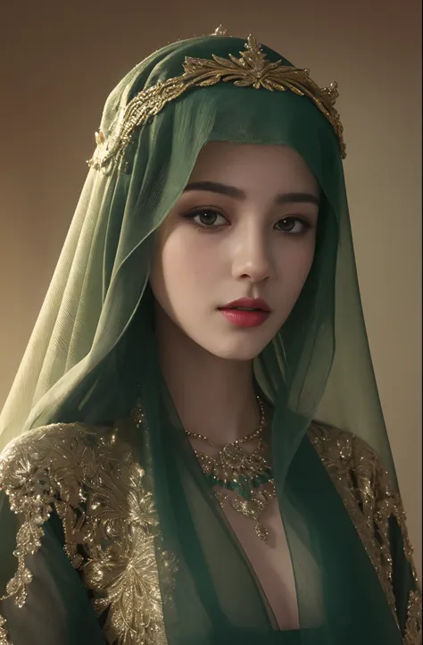 a close up of a woman wearing a green veil and a gold head piece ...