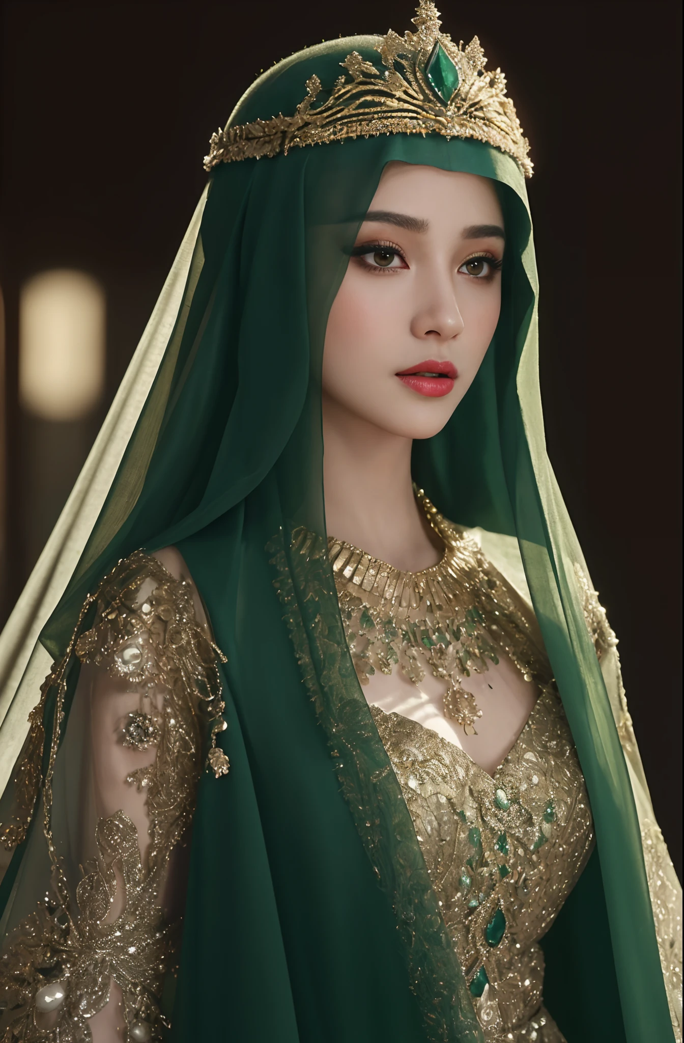 a close up of a woman wearing a green veil and a gold head piece ...