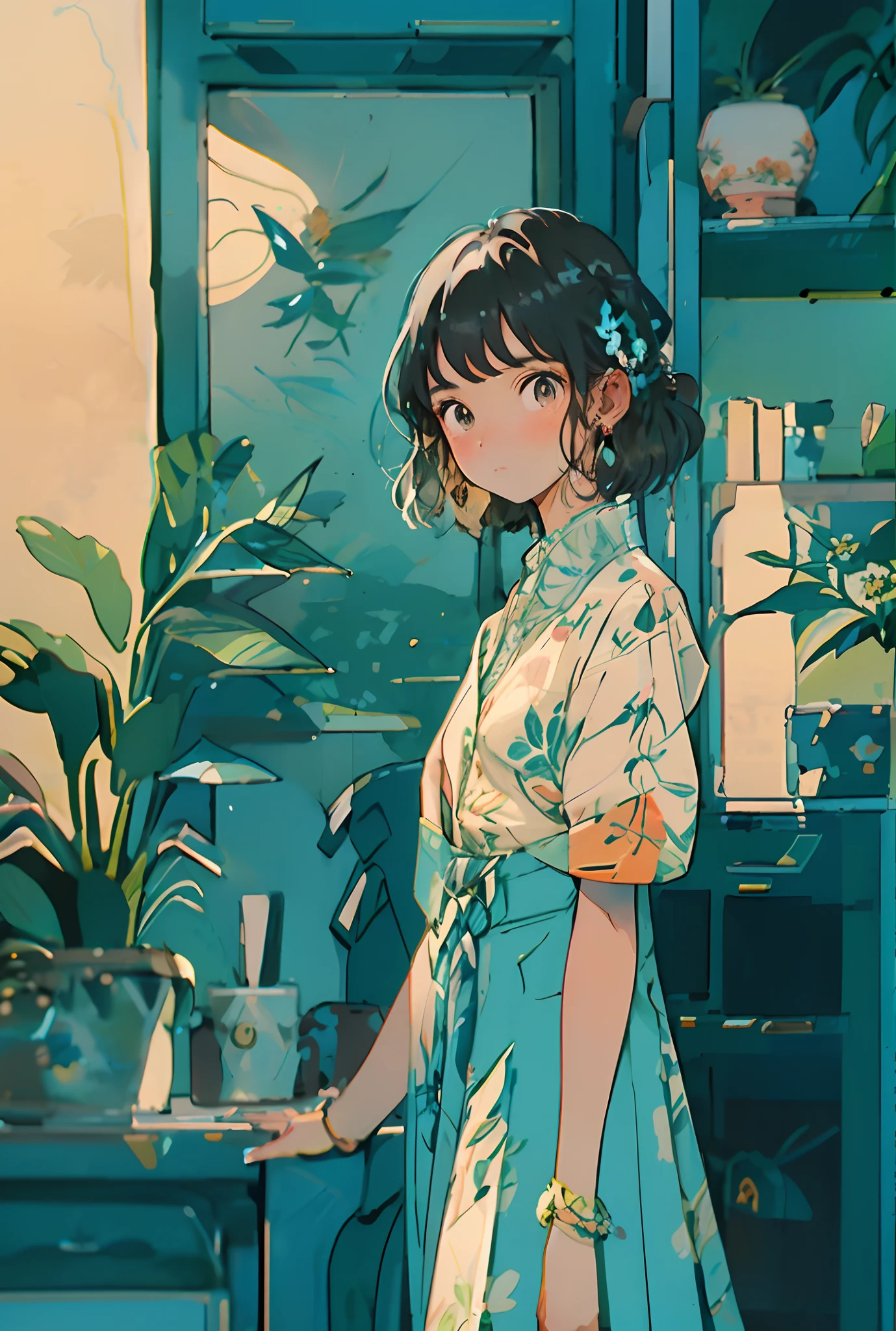 1girl, plant, solo, jewelry, earrings, potted plant, black hair, dress, looking at viewer, short sleeves, bangs, blush, brown eyes, floral print, indoors, bracelet, standing, shelf, short hair, hair ornament, print dress, nail polish, blue dress, medium hair, braid, chinese clothes, closed mouth