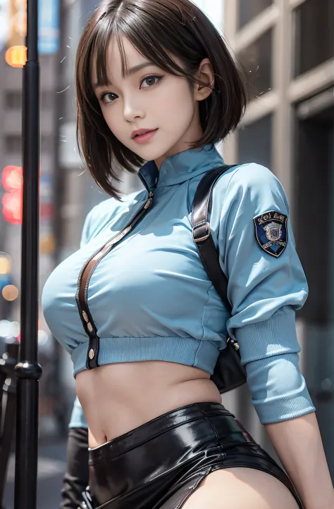 (1 policewoman), Extremely beautiful and mature, com rosto detalhado, Detailed eyes, Double eyelids, Detail lips, Short brunette...