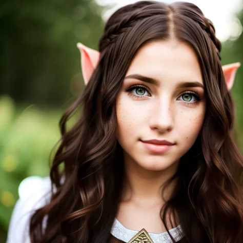 Female elf long wavy brown hair black eyes freckles