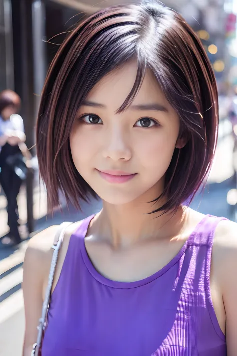 18-year-old girl, short detailed hair, Photo., Purple top