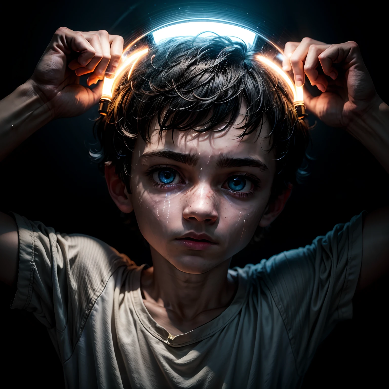 Un niño en una habitación totalmente oscura sostiene una antorcha que ilumina su rostro., el esta asustado
