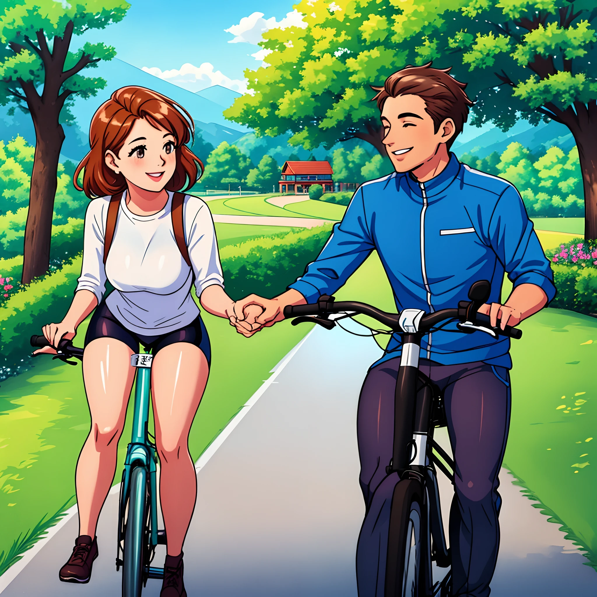 a man and woman riding bicycles in a park holding hands - stock image, stock photo, recreation, in a scenic background, riding a bike, happy couple, stock footage, lovely couple, alamy stock photo, trending artwork, rides a bike, outdoor, romantic couple, stock photography, cycling!!, tourist destination, taking control while smiling, looks smart, outdoors