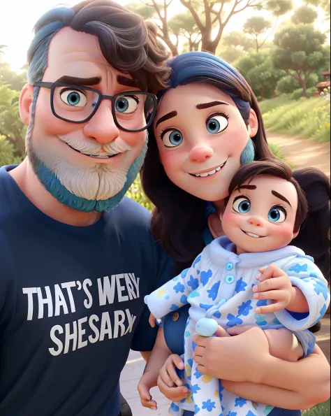 A Disney Pixar-style family, where the father is bearded and the child has the blue eye, na floresta em um dia ensolarado, alta qualidade