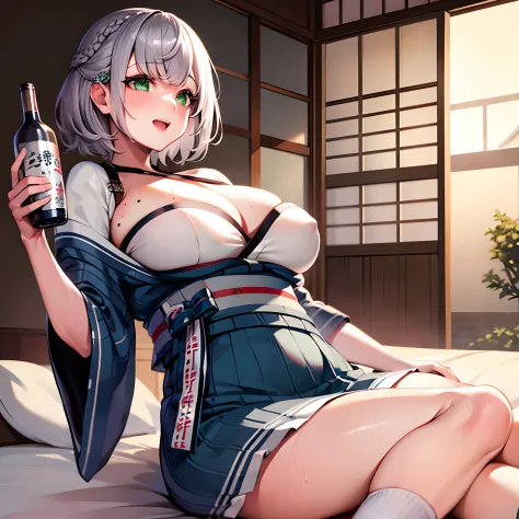 a woman in a kimono laying on a bed, breasts, blush, smile, short hair, open mouth, bangs, large breasts, holding, cleavage, green eyes, braid, grey hair, sweat, japanese clothes, socks, virtual youtuber, medium hair, mole, sash, wavy hair, obi, bottle, al...