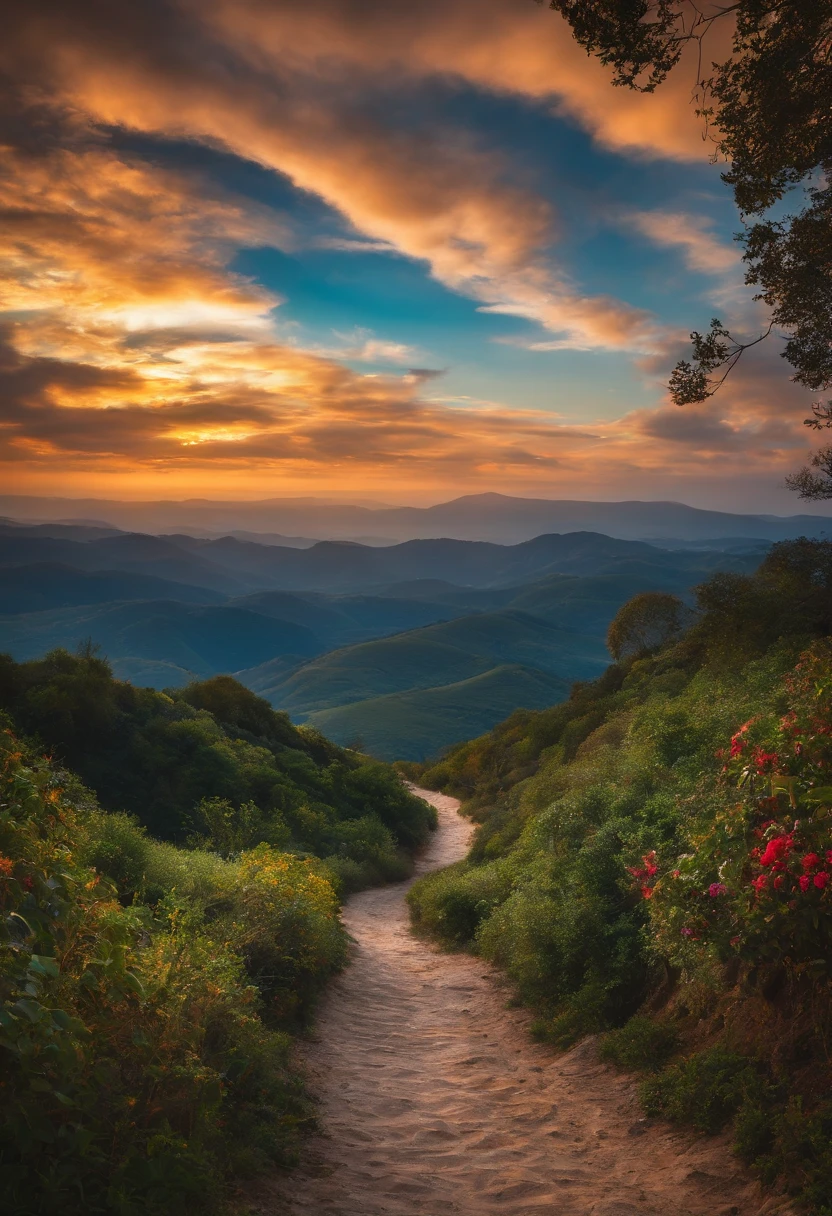 A view of a dirt road winding through a lush green valley - SeaArt AI