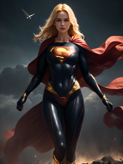 A 27-year-old girl with golden hair in an elaborate black long-sleeved Superman suit, covering the whole body, Red Flowing Cloak, Black Superman Costume, Suit with red carbon fiber details, flying in the sky, thigh gap, (intricate details:0.9), (HDR, hyper...