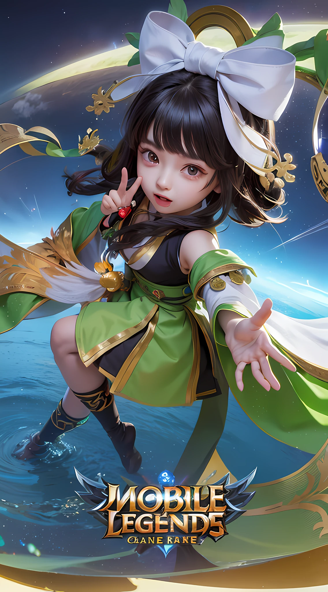 change from mobile legend game, black hair, red eyes, green ribbon, green kimono outfit, dynamic pose, outer space, relisem, 4k, hd, 1080p