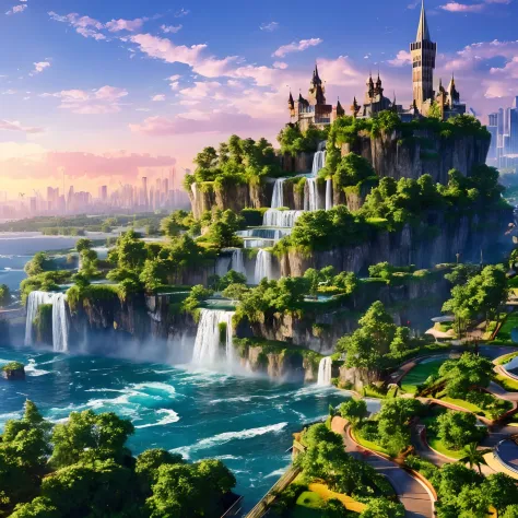 Huge castles and skyscrapers floating in the sky Cyberpunk Isekai Fantasy Top Quality Ultra High Definition Utopia 8K Giant Wate...