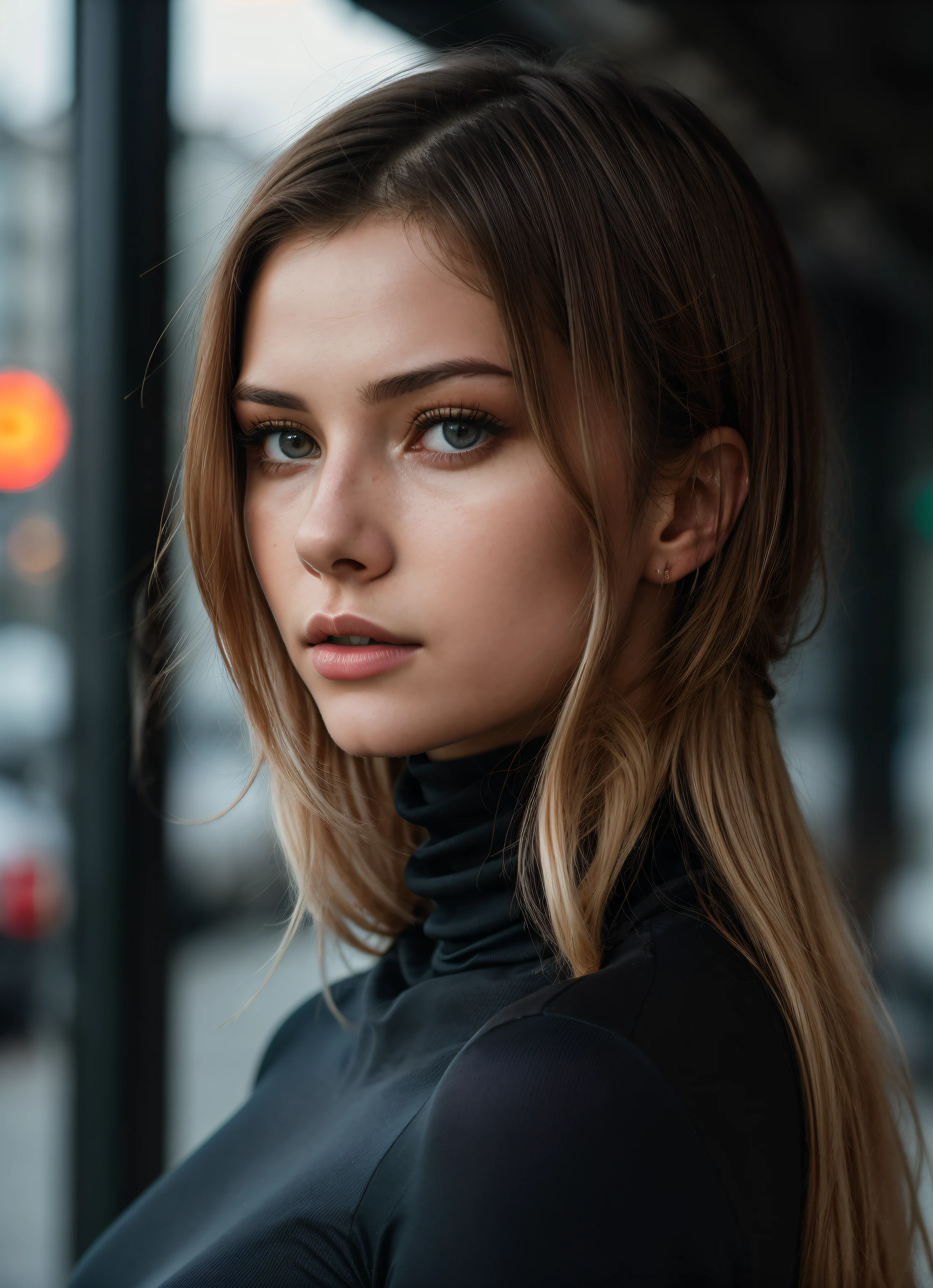 A stunning intricate full color portrait of (sks woman:1), wearing a black turtleneck, epic character composition, by ilya kuvshinov, alessio albi, nina masic, sharp focus, natural lighting, subsurface scattering, f2, 35mm, film grain,