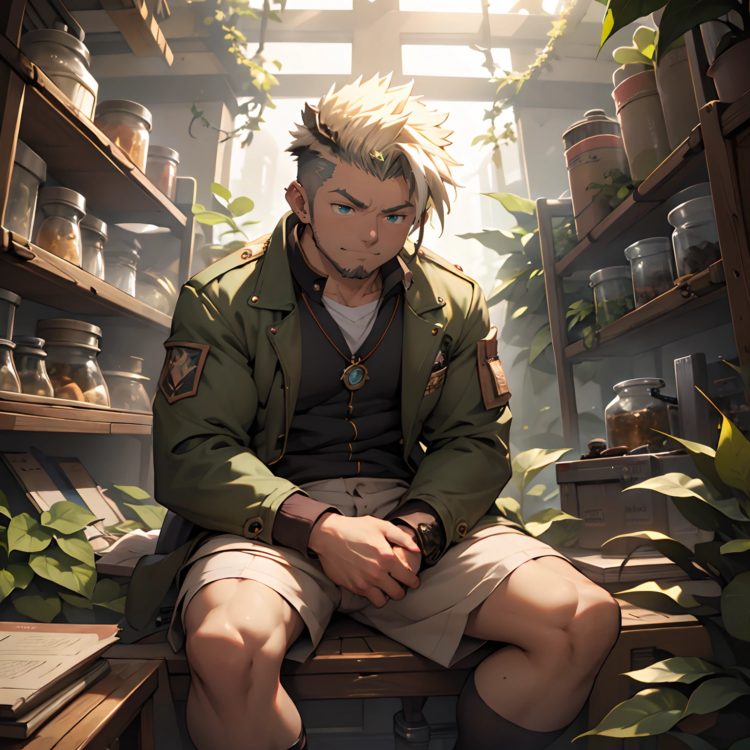 infinite mistletoe library covered ivy filled by grimoire flying leaf magically and ecosphere jar at alchemy laboratory black forest, super high resolution kawaii moe anime 8k, undercut, faux hawk, naked super buff muscular magician bent knees wear futuristic jacket on shirtless, spelling medicine hard tenting the crotch wood straddling the ecosphere jar with spread-eagle to manspreading over male seeds, rossdraws global illumination, trending on artstation pixiv, kawaii moe anime