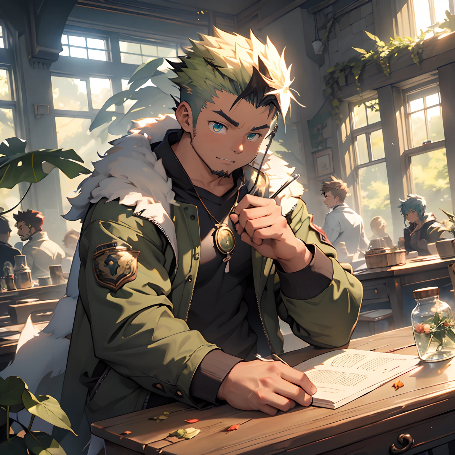 infinite mistletoe library covered ivy filled by grimoire flying leaf magically and ecosphere jar at alchemy laboratory black forest, super high resolution kawaii moe anime 8k, undercut, faux hawk, naked super buff muscular magician bent knees wear futuristic jacket on shirtless, spelling medicine hard tenting the crotch wood straddling the ecosphere jar with spread-eagle to manspreading over male seeds, rossdraws global illumination, trending on artstation pixiv, kawaii moe anime