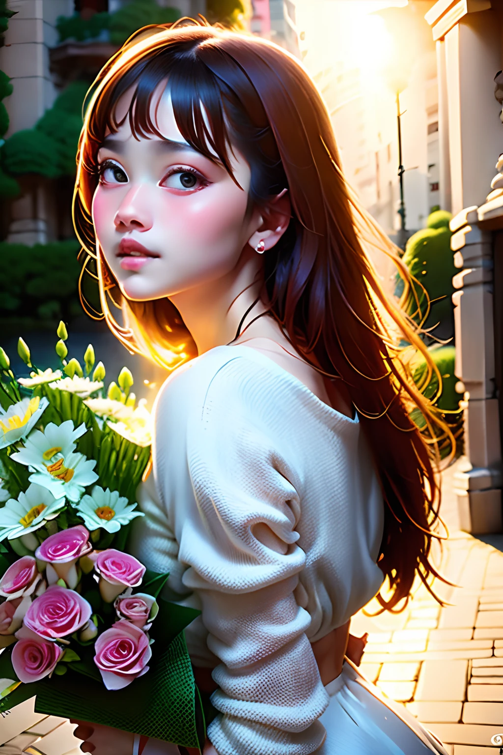 (Ultra detailed backgrounds、detailedbackground)、absurderes、Hi-Res、ultra-detailliert、ighly detailed、1girl in、(Flower bouquet:1.3)、(Zentangle:1.2)、(Geometry:1.2)、(Sepia tone)、