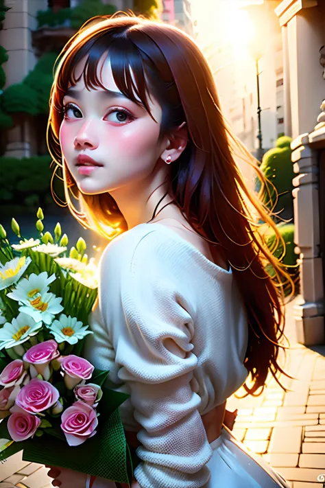 (Ultra detailed backgrounds、detailedbackground)、absurderes、Hi-Res、ultra-detailliert、ighly detailed、1girl in、(Flower bouquet:1.3)...