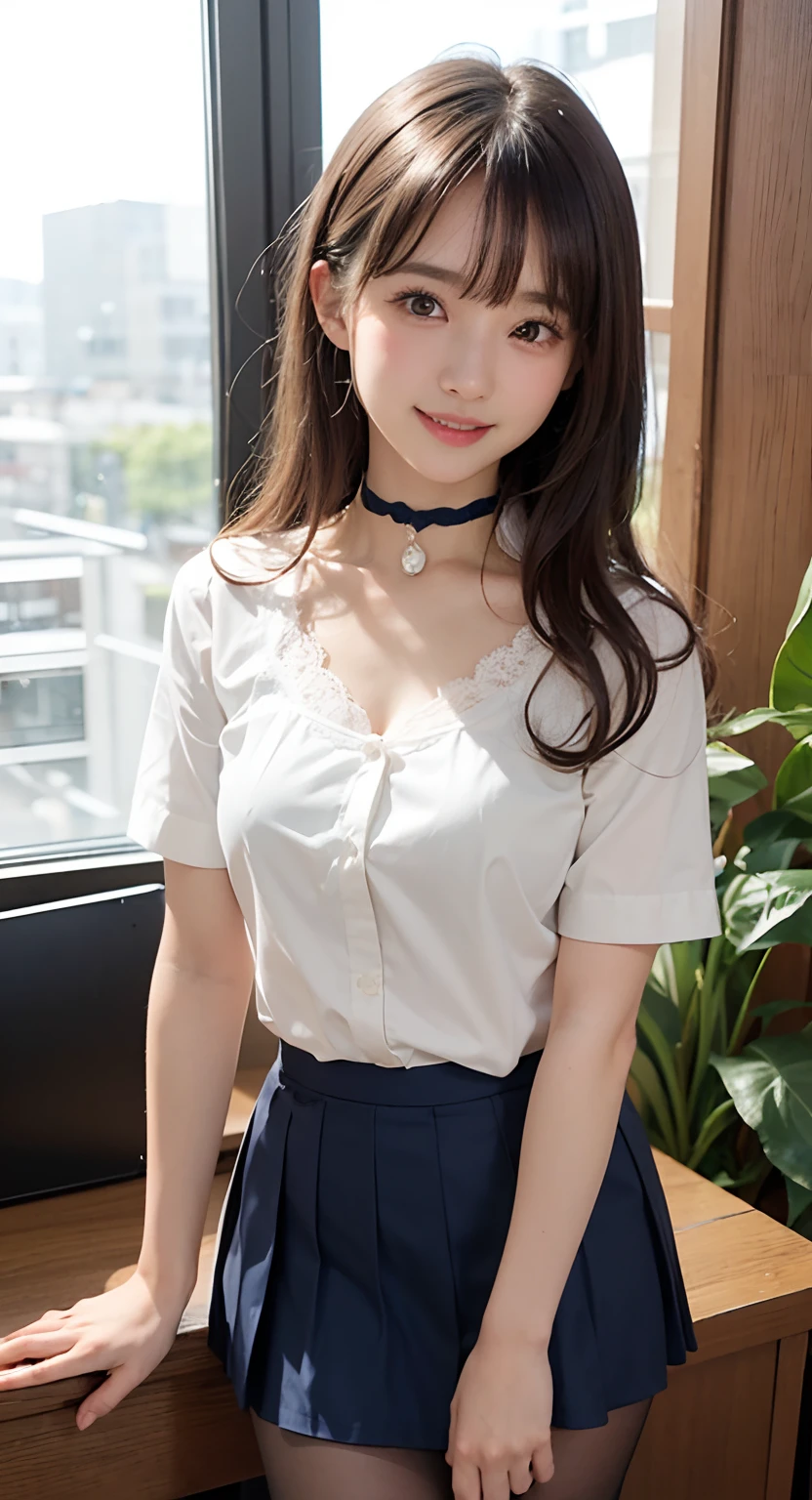 (((A smile、In the office、In the company、In the reception room、up skirt)))、(Navy Sheath Skirt、shortsleeves:1.5)、Pretty Girl VN02, 1girl in, Solo, masutepiece, 1girl in, best qualtiy, Ultra Detail, (shiny), Small、with blush cheeks, Ray tracing,Perfect Lighting, (milky skin:1.2),reflection,  up looking_で_viewer, blush, bow ribbon, Medium Curl Hair、yellow_Eyes, White lace pantyhose, Bag, White choker, Low_Twin-tailed、Japan's cutest 28-year-old beautiful girl、Small ribbons in the hair