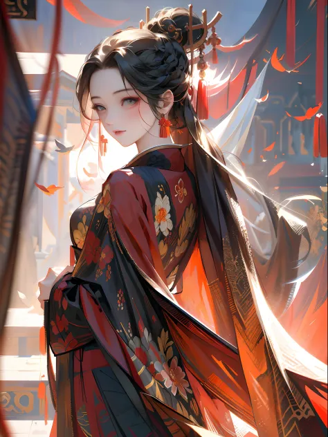 Chinese ancient style，Girl in a red dress，+graceful stance,Beautiful face,Delicate costume embroidery,Ancient court scenery,Falling cherry blossoms,Mysterious ancient buildings,Glazed tile roof,Bluestone path,Strong ink painting style，Beautifully appointed...